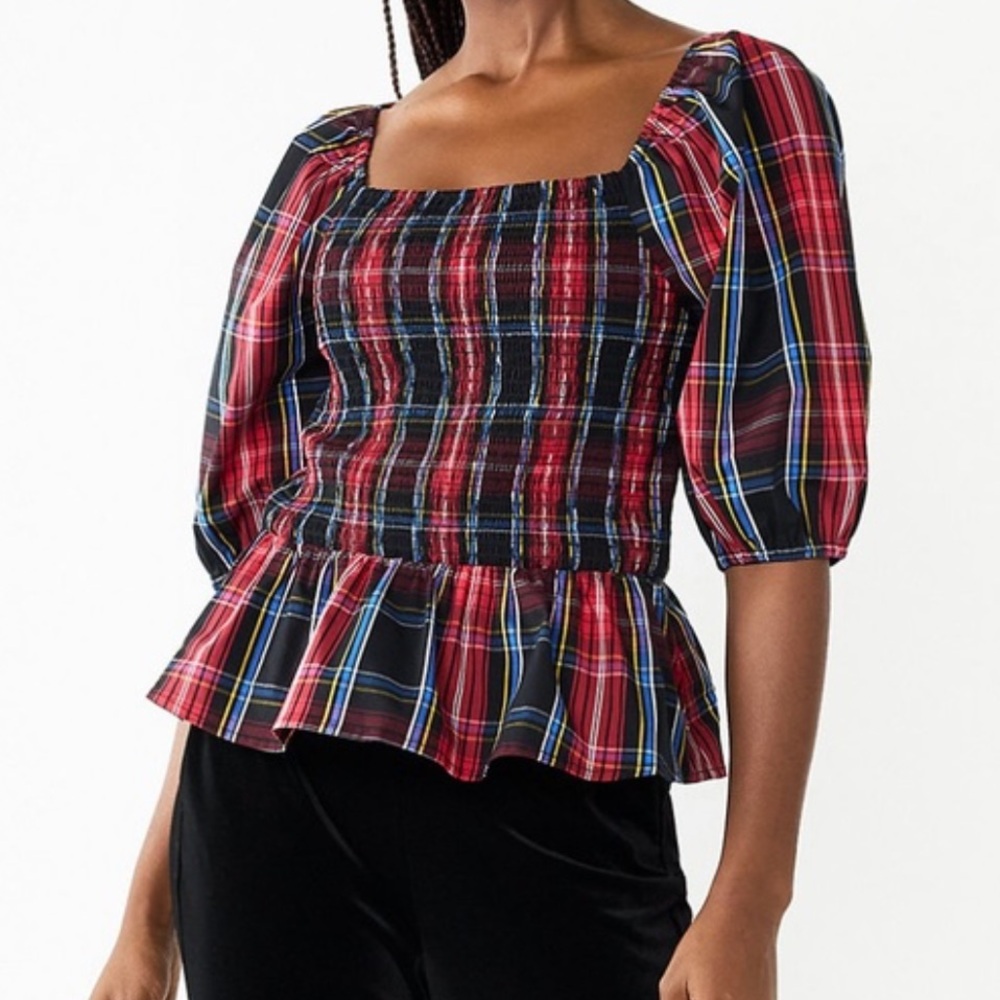 Draper James RSVP Plaid Smocked Peplum Top Red 90’s Plaid Size XXL NWT